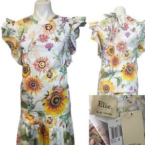 Elie‎ Tahari Top  White & Multi Color Floral Blouse Size med NWT cotton blend